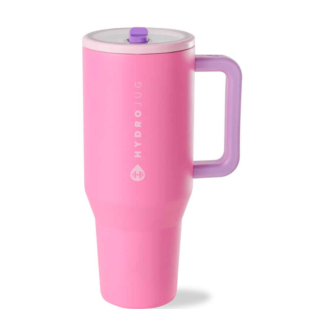 HydroJug Traveler - 32 oz Water Bottle with Handle & Flip Straw - Fits in Cup Holder, Leak Resistant Tumbler-Reusable Insulated Stainless Steel & Rubber Base - Gifts for Women & Men, Pink Sand