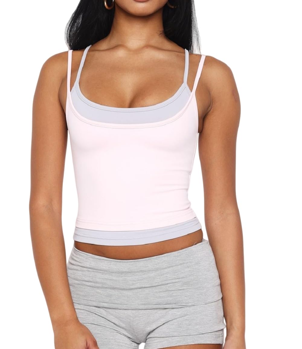 Women Double Layered Tank Tops Spaghetti Strap Yoga Workout Tops Camis Casual Going Out Cropped Top
