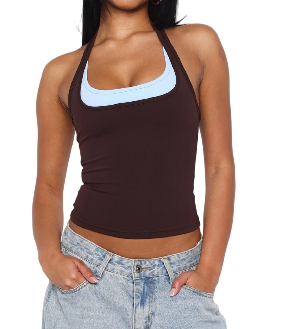 Women Double Layered Tank Tops Spaghetti Strap Yoga Workout Tops Camis Casual Going Out Cropped Top