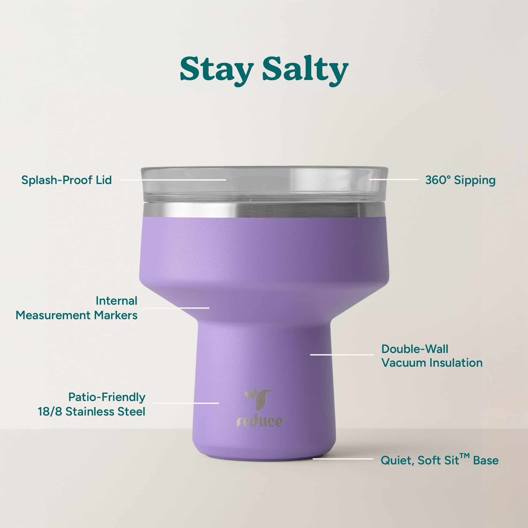 REDUCE Saltini 16 oz Cocktail Tumbler - Insulated Margarita Tumbler with Lid - Keeps Drinks Cold for 10 Hours - 360 Sippable Martini Glass Alternative - Shatterproof, Perfect for Parties - Daiquiri
