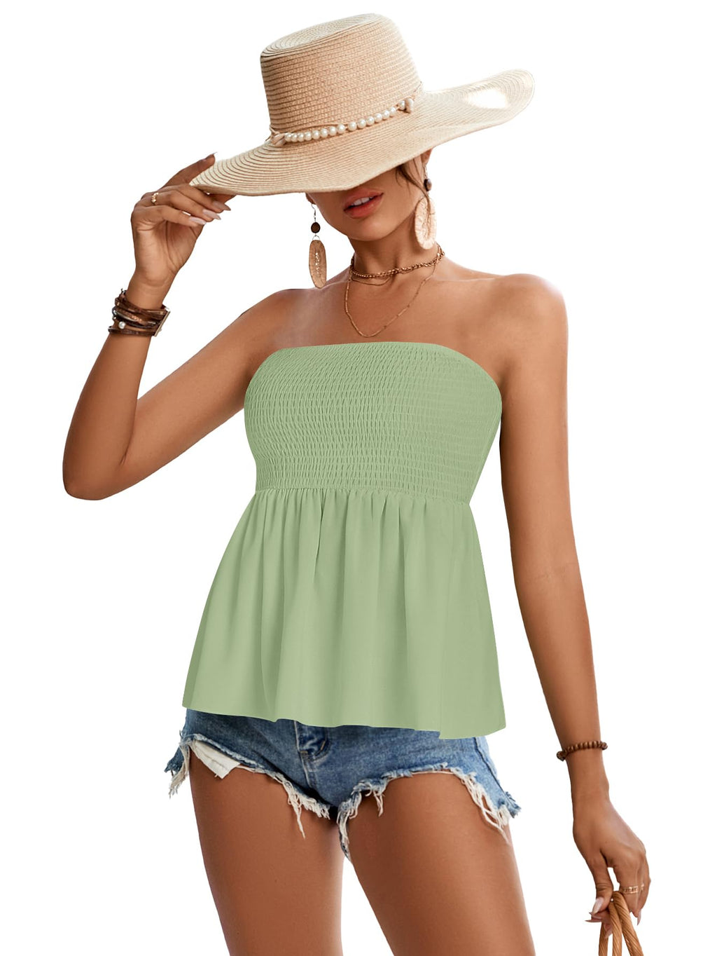 Rooscier Women's Smocked Tube Tops Flowy Ruffle Sleeveless Peplum Bandeau Babydoll Cami Tank