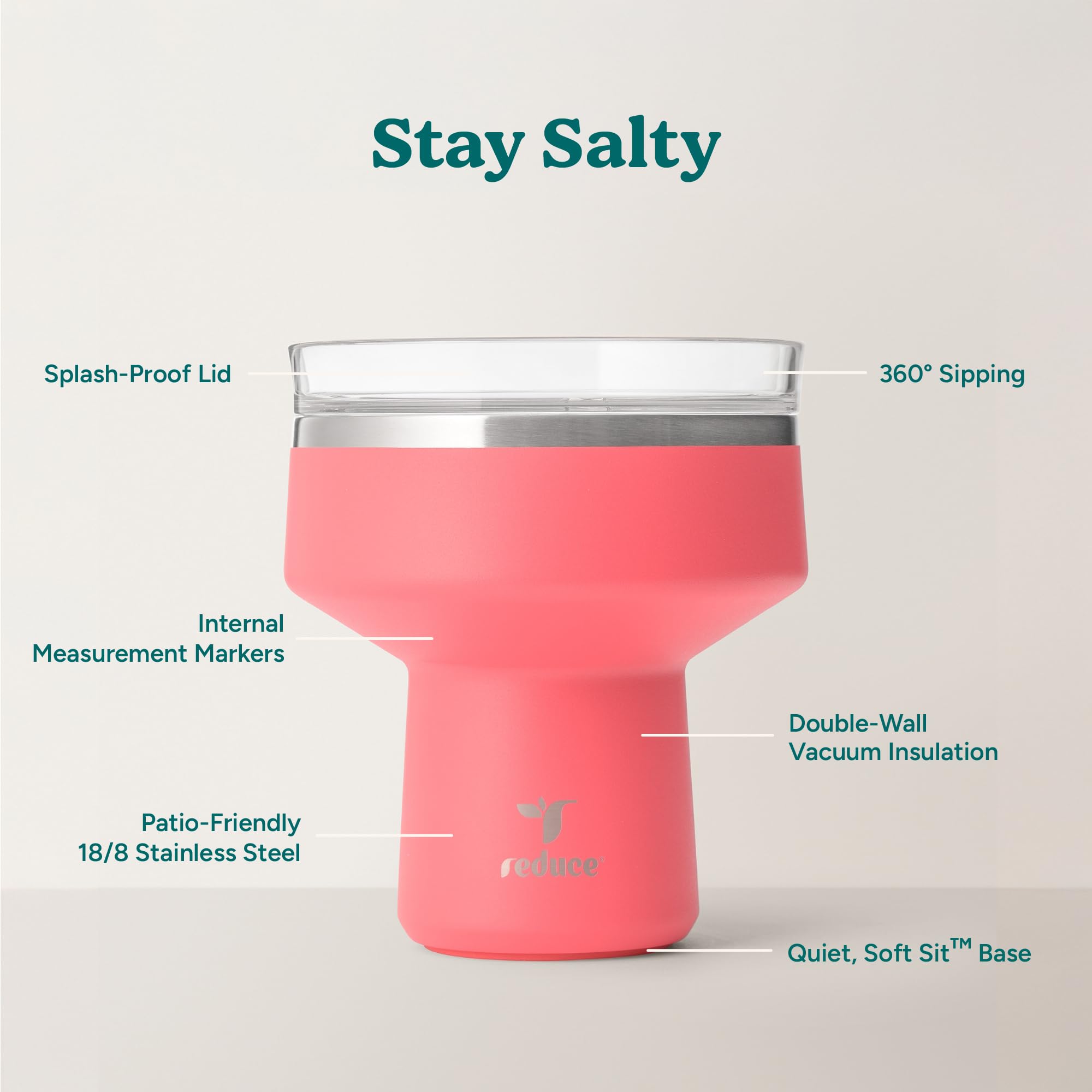 REDUCE Saltini 16 oz Cocktail Tumbler - Insulated Margarita Tumbler with Lid - Keeps Drinks Cold for 10 Hours - 360 Sippable Martini Glass Alternative - Shatterproof, Perfect for Parties - Daiquiri
