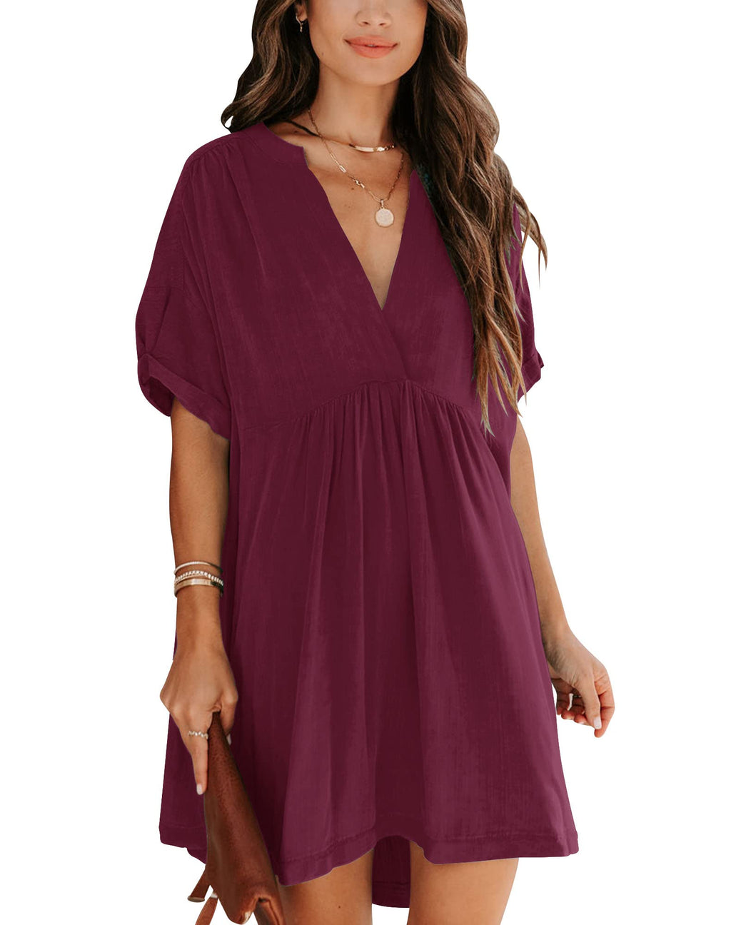 Minclouse Women's Babydoll Short Sleeve Tunic Dress V Neck Cute Casual Loose Dresses