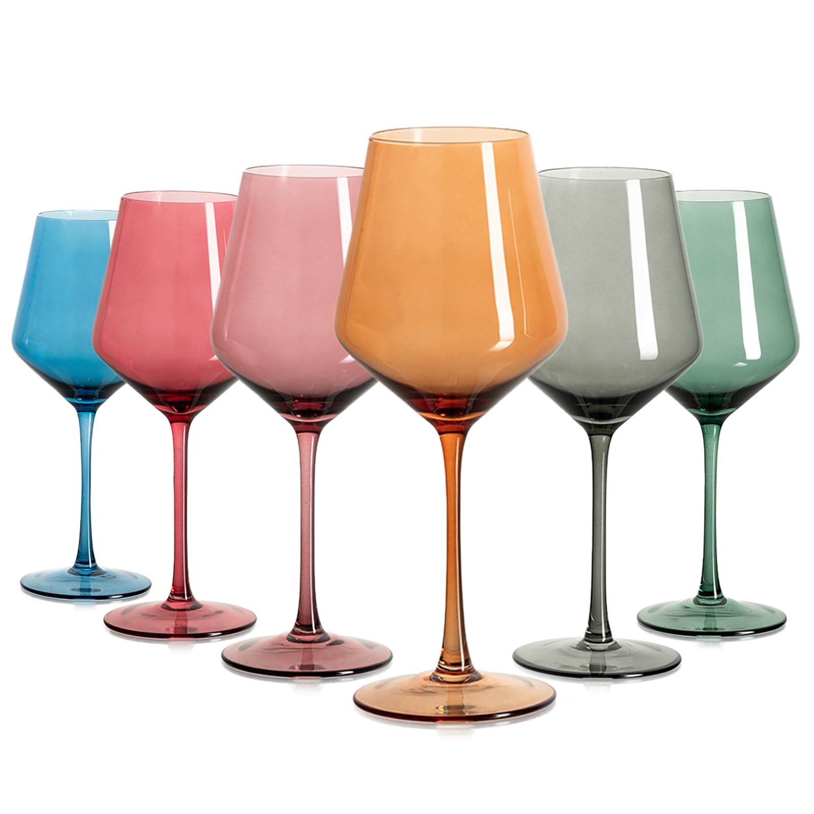 Stemmed Colored Wine Glasses: Set of 6 Cute 13.5oz Hand Blown Crystal Wine Glass with Long Stem for Birthday Party Fall Christmas Dinner Wedding Registry Gifts