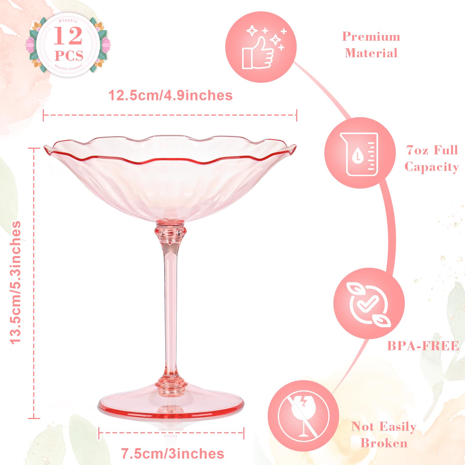 12 Pcs Colorful Plastic Martini Glasses 7oz Flower Cocktail Coupe Glasses 6 Color Disposable Martini Cup Vintage Detachable Dessert Parfait Glassware for Wedding Birthday Bachelorette Party