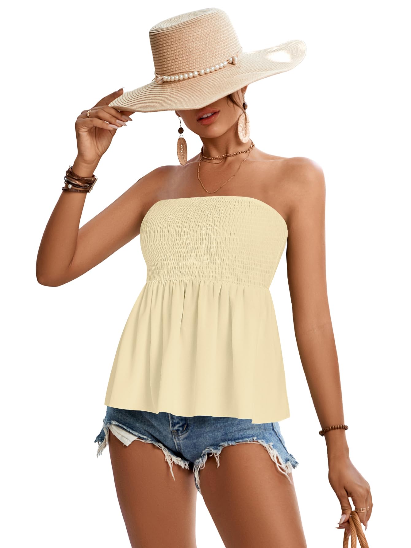 Rooscier Women's Smocked Tube Tops Flowy Ruffle Sleeveless Peplum Bandeau Babydoll Cami Tank