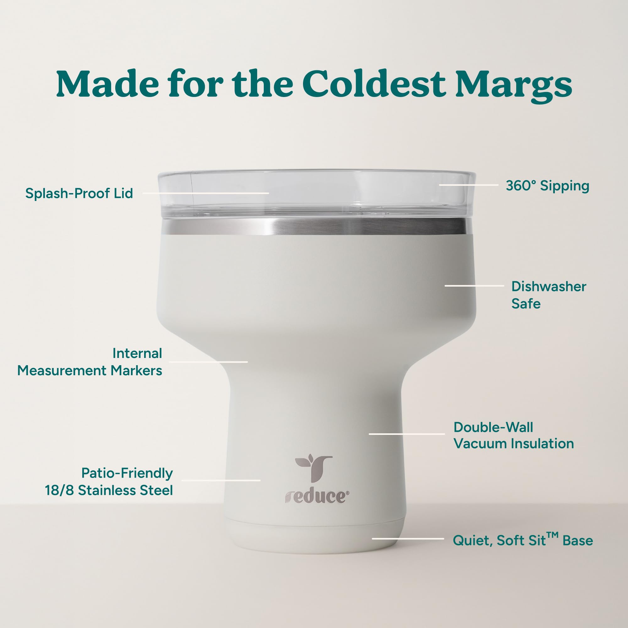 REDUCE Saltini 16 oz Cocktail Tumbler - Insulated Margarita Tumbler with Lid - Keeps Drinks Cold for 10 Hours - 360 Sippable Martini Glass Alternative - Shatterproof, Perfect for Parties - Daiquiri