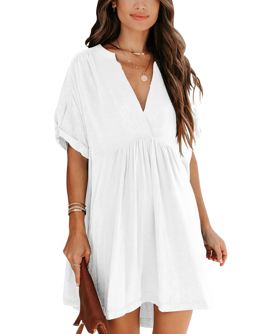 Minclouse Women's Babydoll Short Sleeve Tunic Dress V Neck Cute Casual Loose Dresses