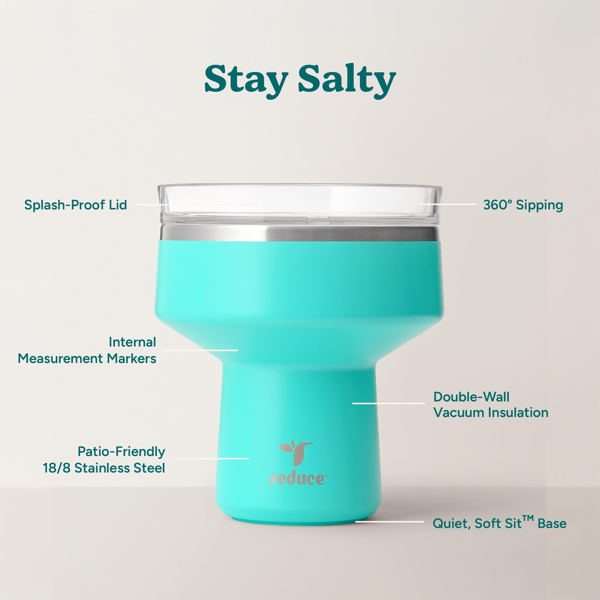 REDUCE Saltini 16 oz Cocktail Tumbler - Insulated Margarita Tumbler with Lid - Keeps Drinks Cold for 10 Hours - 360 Sippable Martini Glass Alternative - Shatterproof, Perfect for Parties - Daiquiri
