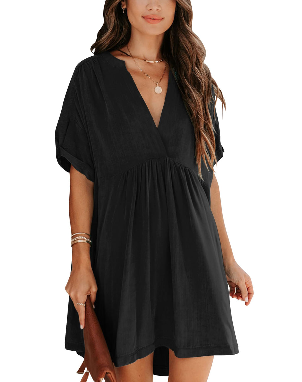 Minclouse Women's Babydoll Short Sleeve Tunic Dress V Neck Cute Casual Loose Dresses