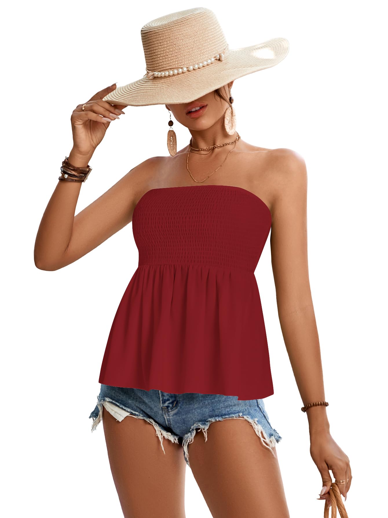 Rooscier Women's Smocked Tube Tops Flowy Ruffle Sleeveless Peplum Bandeau Babydoll Cami Tank