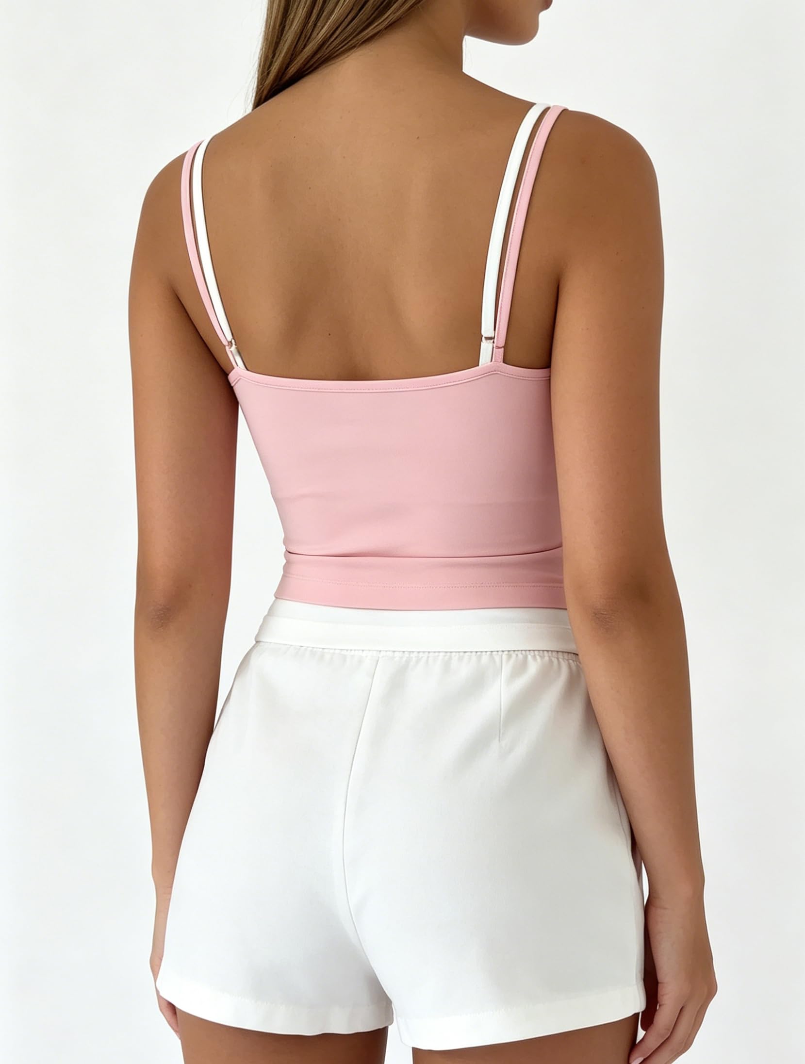 Women Double Layered Tank Tops Spaghetti Strap Yoga Workout Tops Camis Casual Going Out Cropped Top