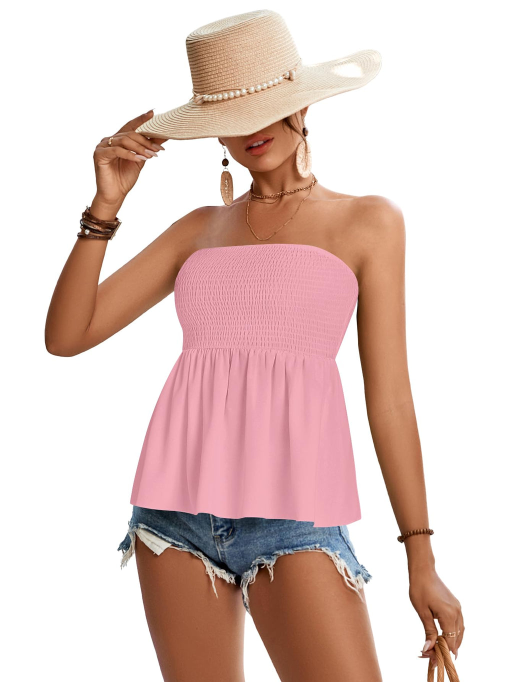 Rooscier Women's Smocked Tube Tops Flowy Ruffle Sleeveless Peplum Bandeau Babydoll Cami Tank