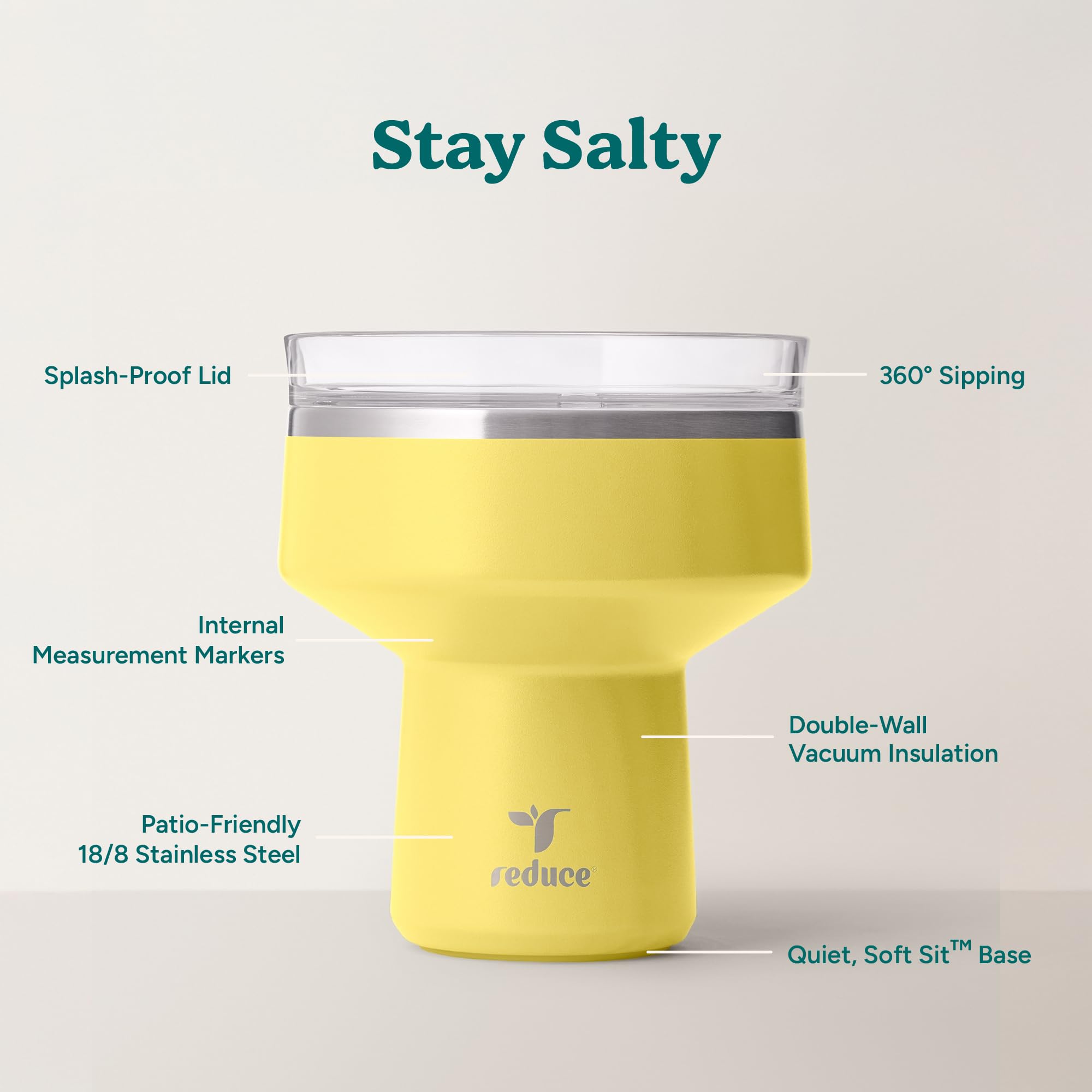 REDUCE Saltini 16 oz Cocktail Tumbler - Insulated Margarita Tumbler with Lid - Keeps Drinks Cold for 10 Hours - 360 Sippable Martini Glass Alternative - Shatterproof, Perfect for Parties - Daiquiri