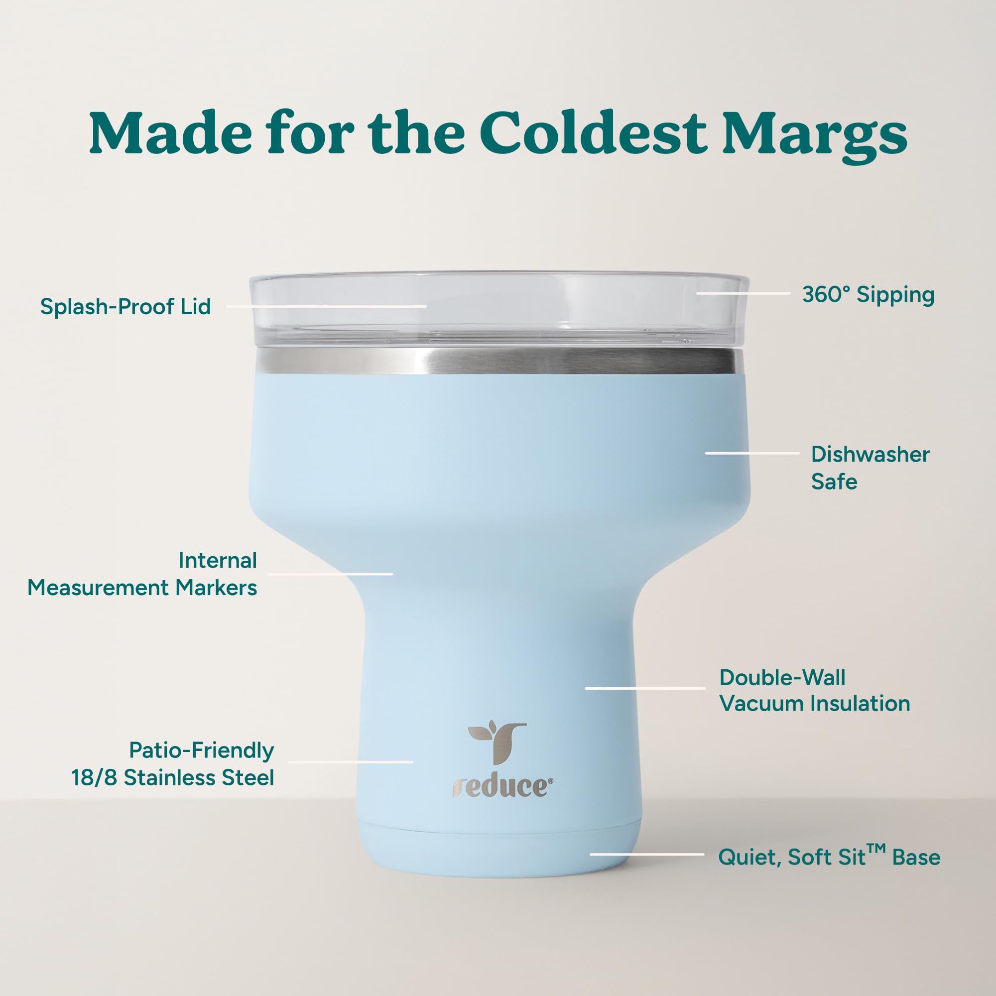 REDUCE Saltini 16 oz Cocktail Tumbler - Insulated Margarita Tumbler with Lid - Keeps Drinks Cold for 10 Hours - 360 Sippable Martini Glass Alternative - Shatterproof, Perfect for Parties - Daiquiri
