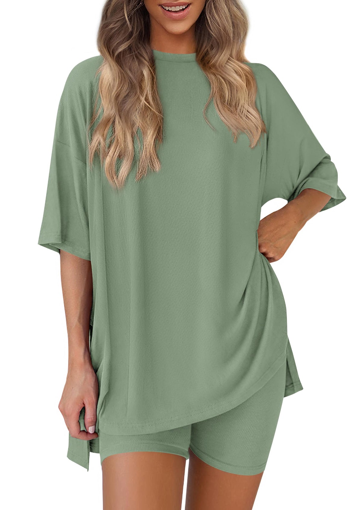 PRETTYGARDEN Women 2 Piece Lounge Set 2026 Summer Casual Oversized Shirts Biker Shorts Matching Airport Travel Outfit Clothes