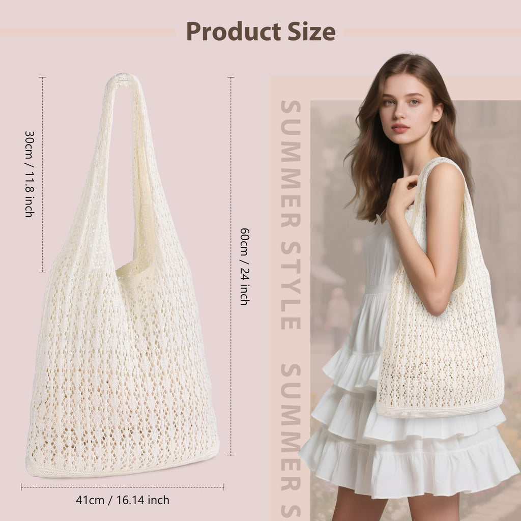 Sightor Crochet Tote Bag, Mesh Beach Bag Knit Summer Hobo Bag Vacation Boho Tote Bag for Women