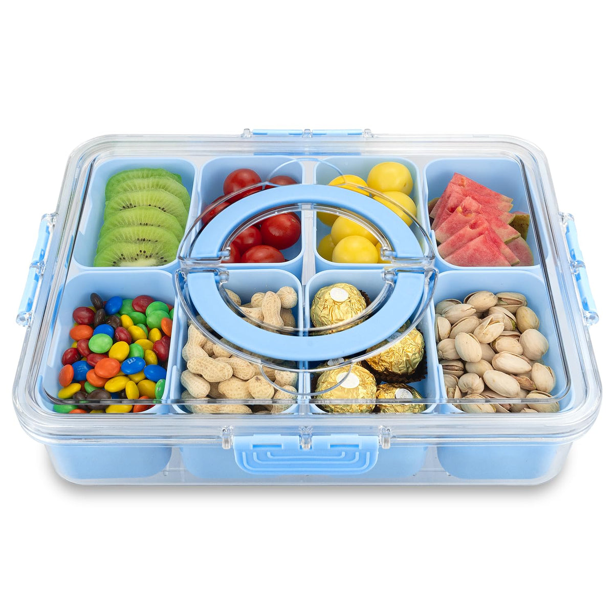 HRXFOZ Divided Serving Tray with Lid and Handle,8 Compartments Snacks Box,Snack Fruit and Veggie Tray,Portable Platter for Candy Fruits Nuts Snack Party Entertaining Picnic (1 PCS)