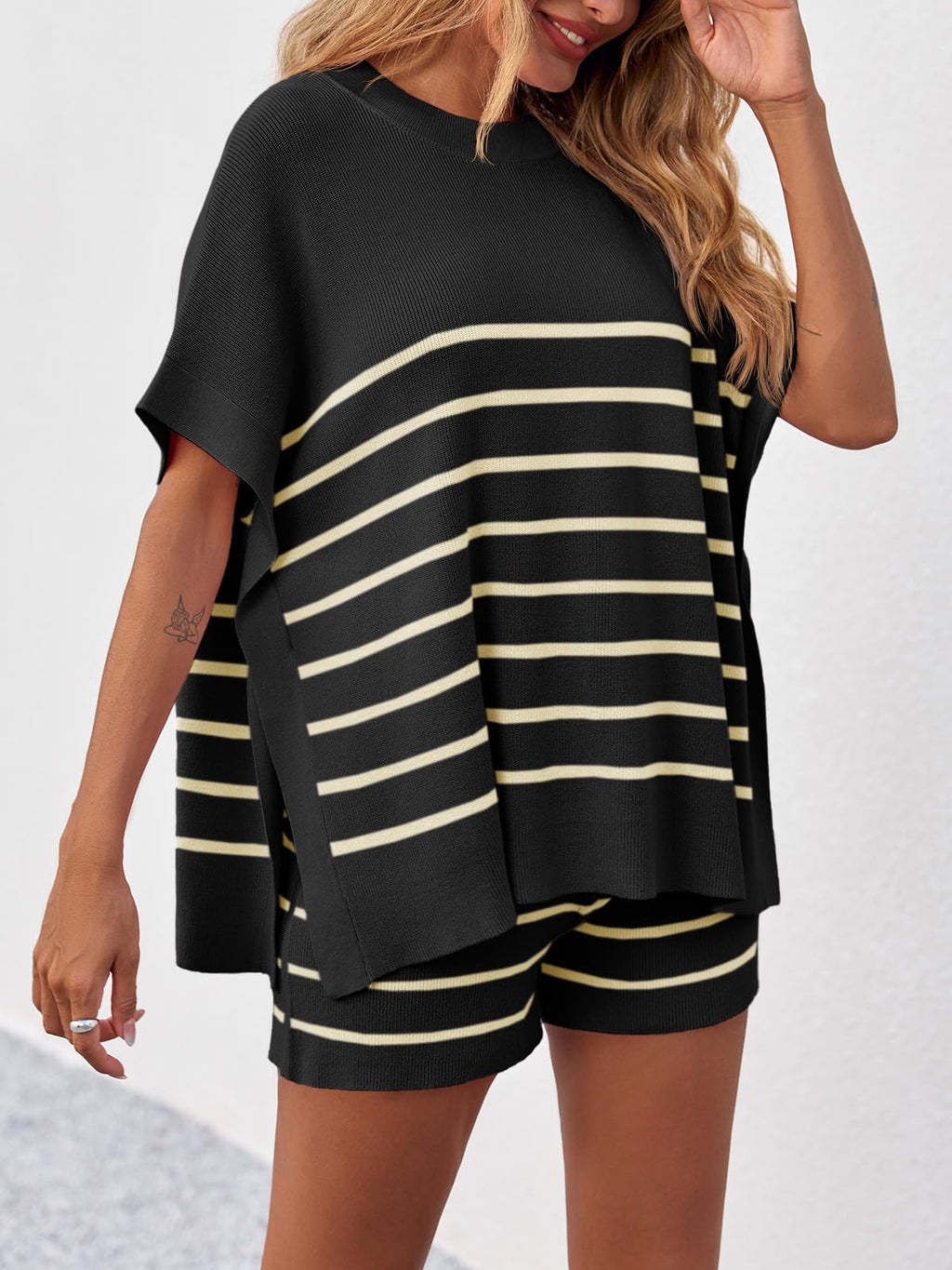 Fisoew Women's Striped 2 Piece Outfits Oversized Batwing Short Sleeve Tops High Waisted Shorts Summer Knit Lounge Short Sets