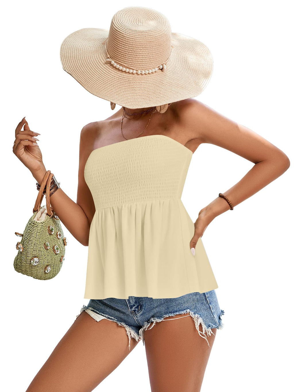 Rooscier Women's Smocked Tube Tops Flowy Ruffle Sleeveless Peplum Bandeau Babydoll Cami Tank