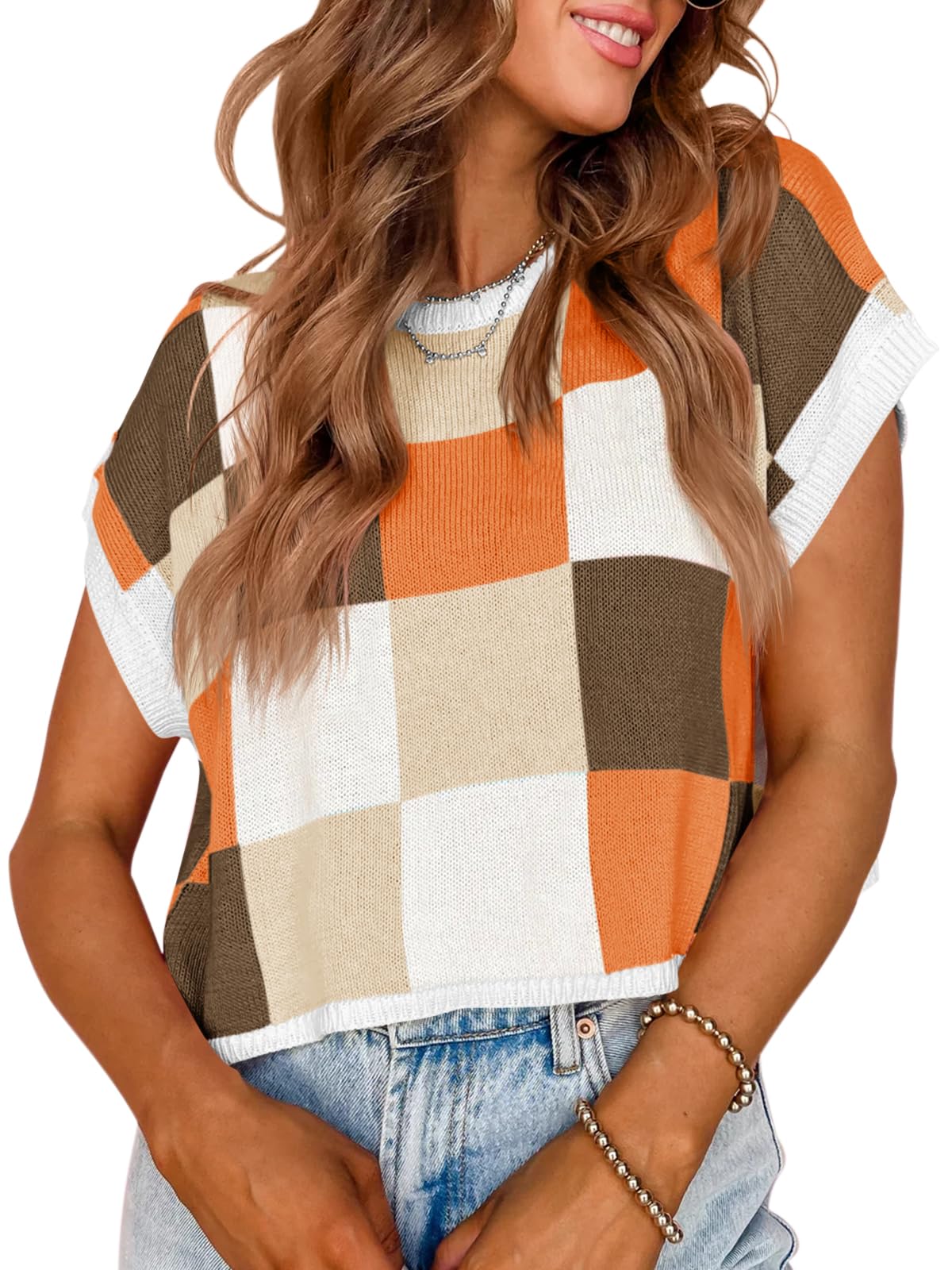 Saodimallsu Womens Cap Sleeve Crop Tops Summer Color Block Going Out Crew Neck Knit Trendy Casual Sweater