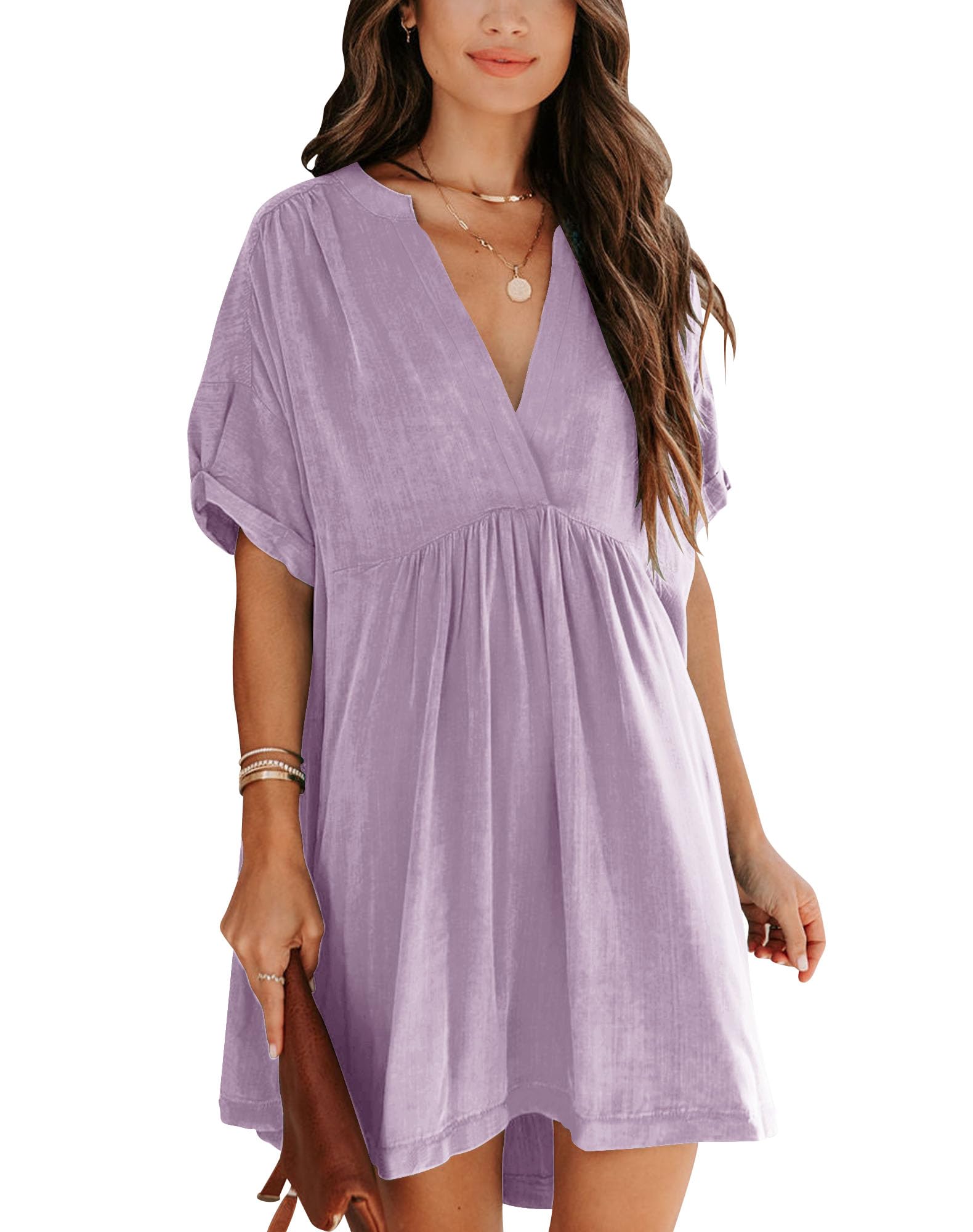 Minclouse Women's Babydoll Short Sleeve Tunic Dress V Neck Cute Casual Loose Dresses