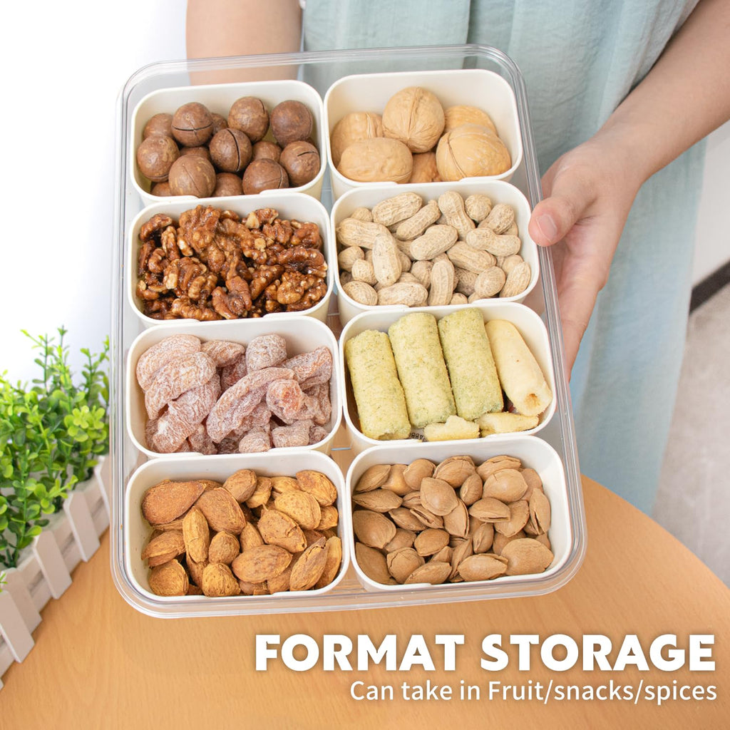 HRXFOZ Divided Serving Tray with Lid and Handle,8 Compartments Snacks Box,Snack Fruit and Veggie Tray,Portable Platter for Candy Fruits Nuts Snack Party Entertaining Picnic (1 PCS)
