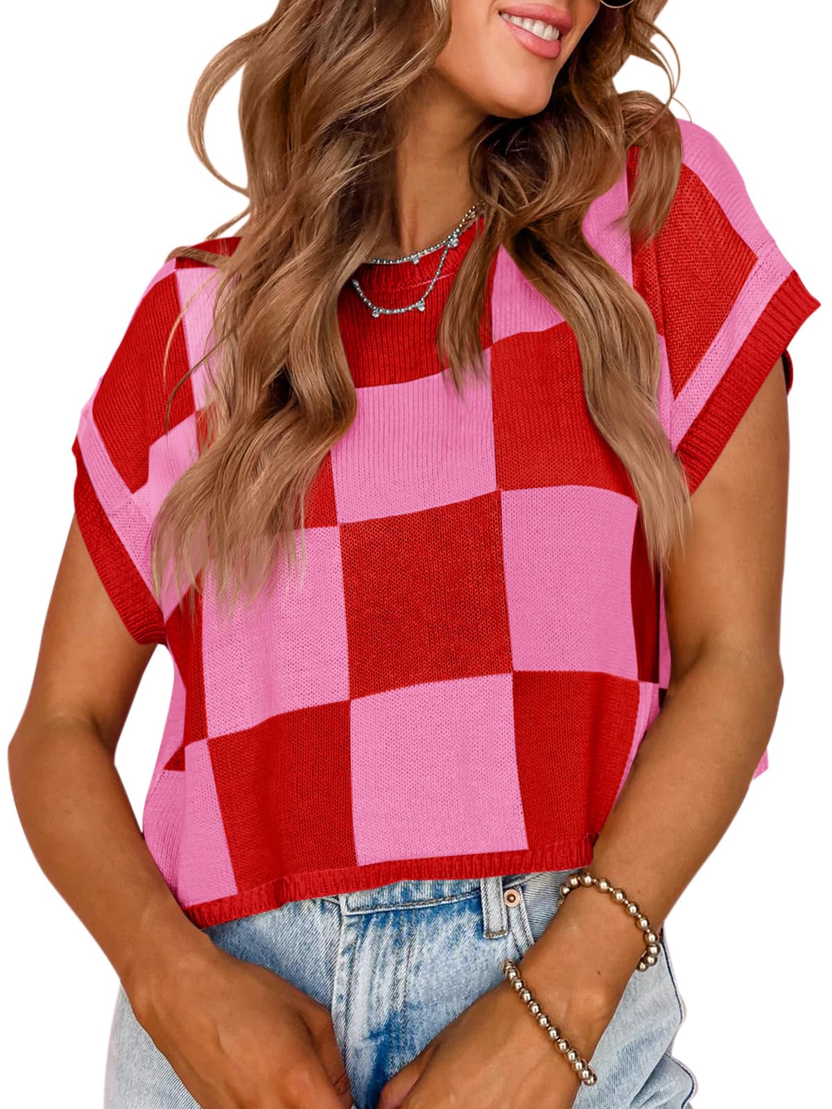 Saodimallsu Womens Cap Sleeve Crop Tops Summer Color Block Going Out Crew Neck Knit Trendy Casual Sweater