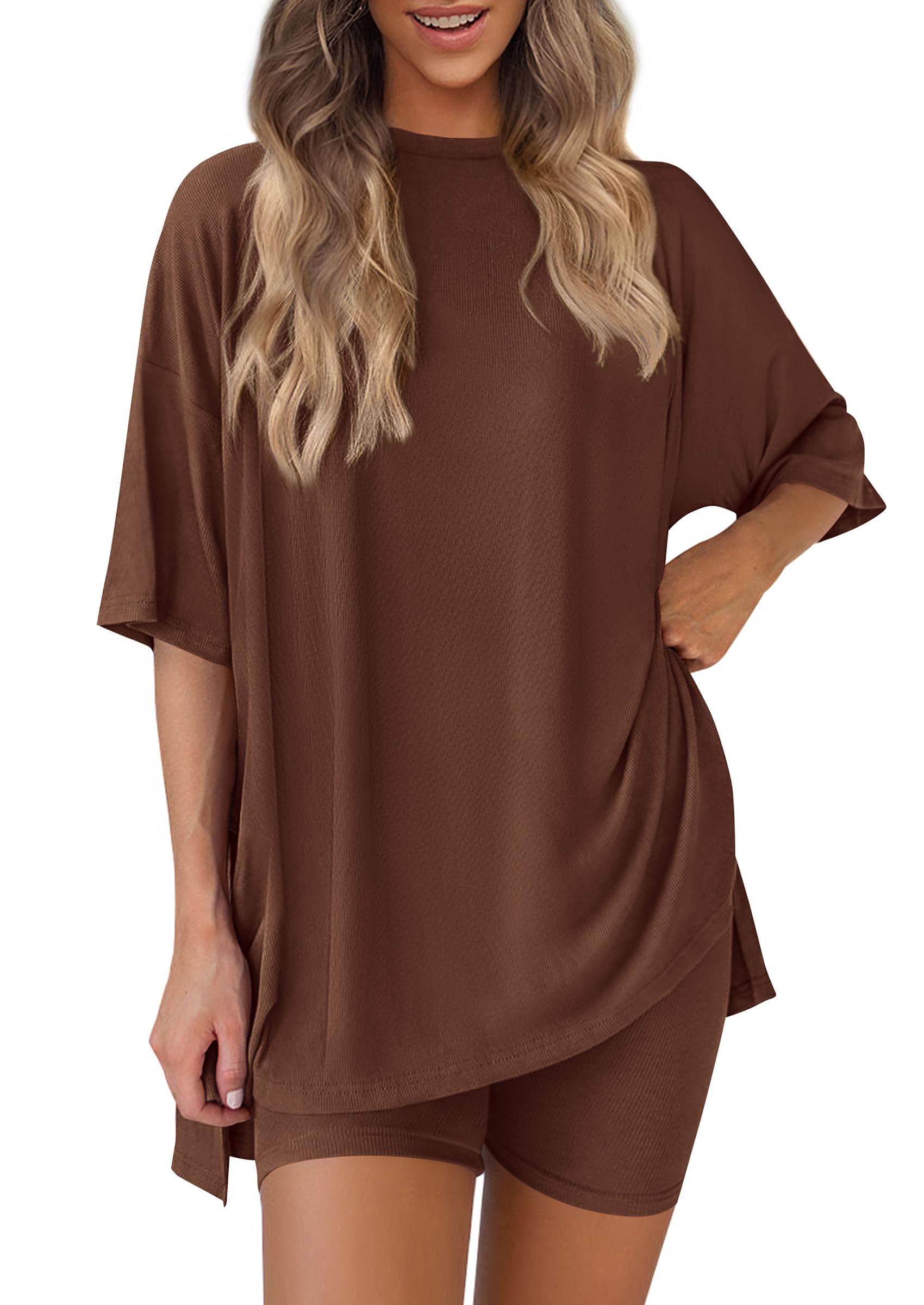 PRETTYGARDEN Women 2 Piece Lounge Set 2026 Summer Casual Oversized Shirts Biker Shorts Matching Airport Travel Outfit Clothes