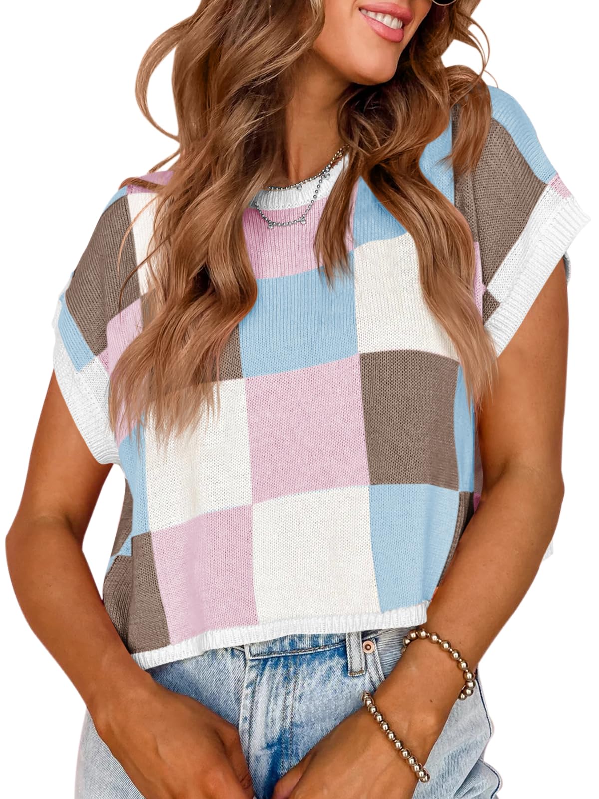 Saodimallsu Womens Cap Sleeve Crop Tops Summer Color Block Going Out Crew Neck Knit Trendy Casual Sweater