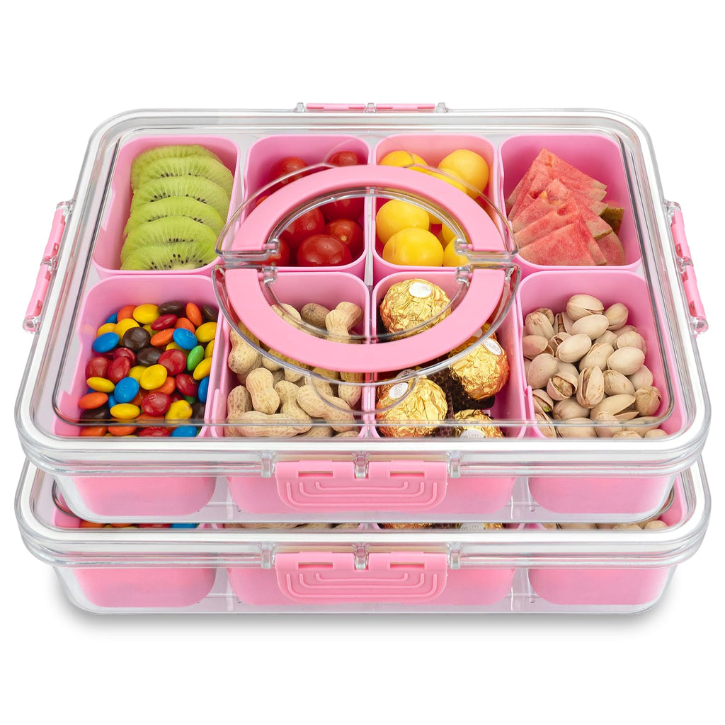 HRXFOZ Divided Serving Tray with Lid and Handle,8 Compartments Snacks Box,Snack Fruit and Veggie Tray,Portable Platter for Candy Fruits Nuts Snack Party Entertaining Picnic (1 PCS)