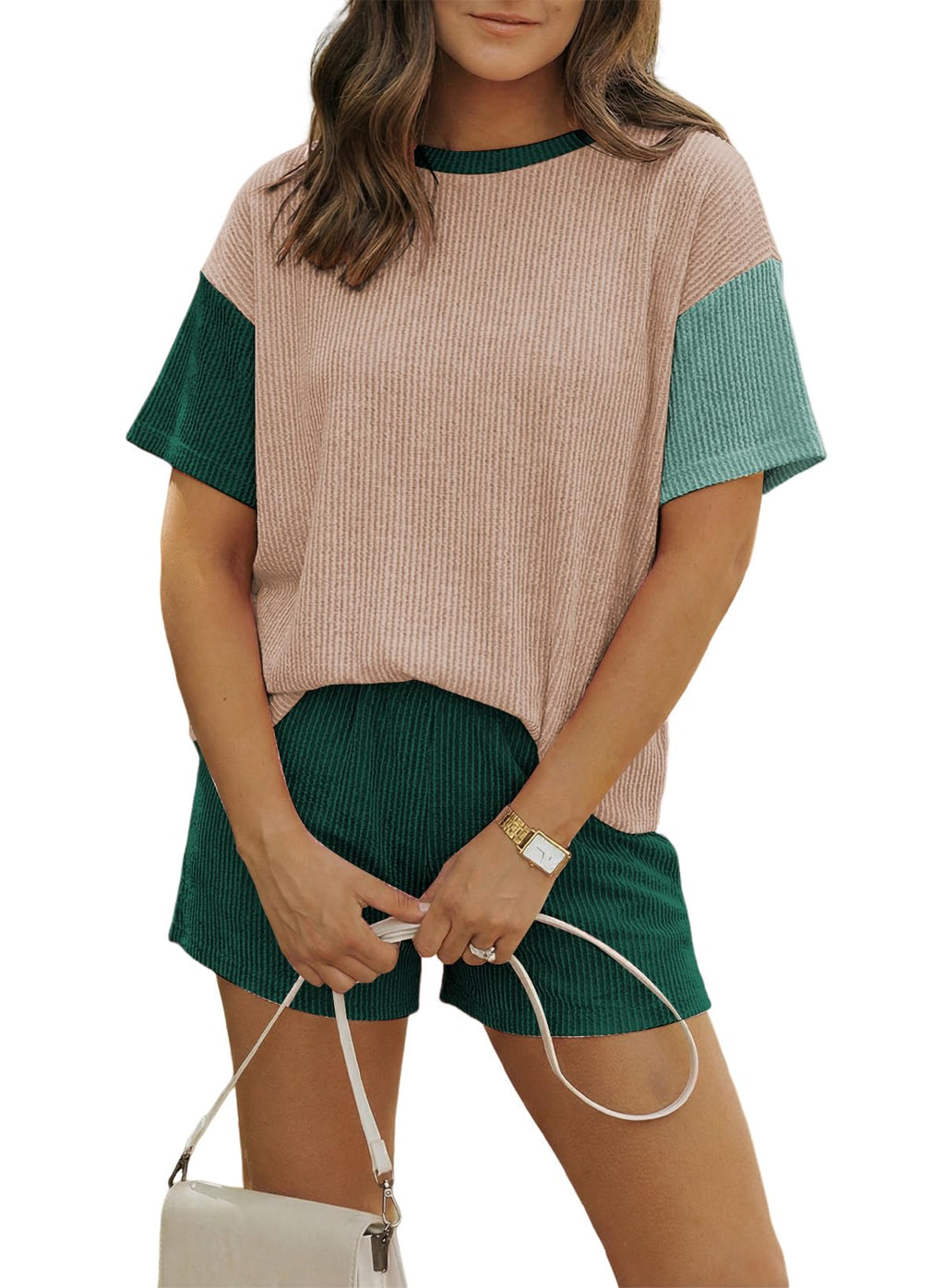 MARZXIN Women 2 Piece Shorts Set 2026 Casual Summer Cruise Outfits Ribbed Loose Short Sleeve Pocket Matching Lounge Sets