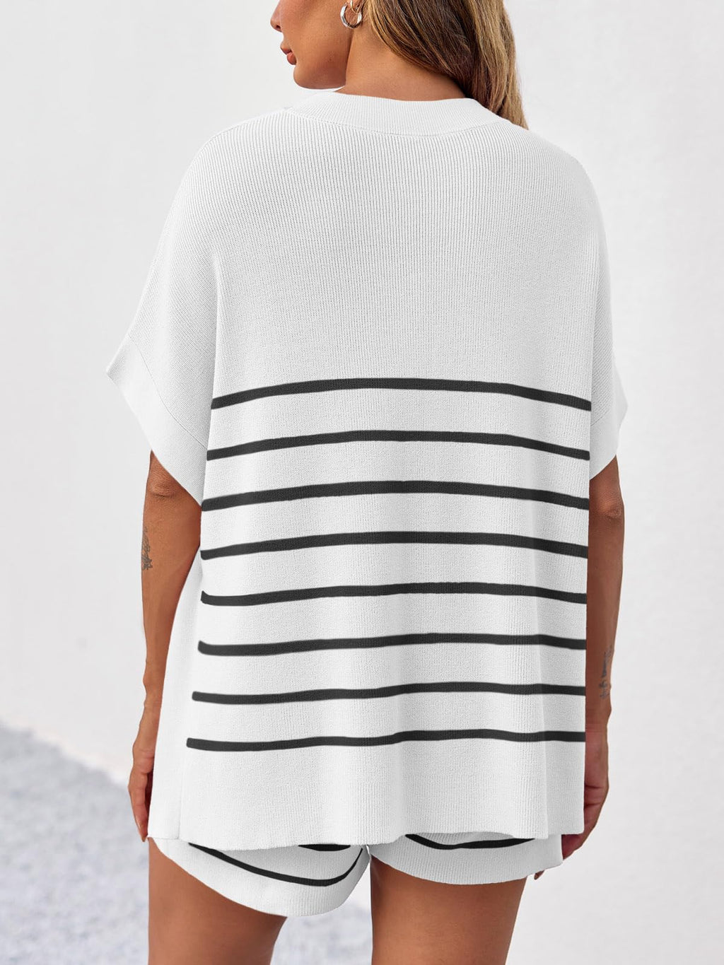 Fisoew Women's Striped 2 Piece Outfits Oversized Batwing Short Sleeve Tops High Waisted Shorts Summer Knit Lounge Short Sets