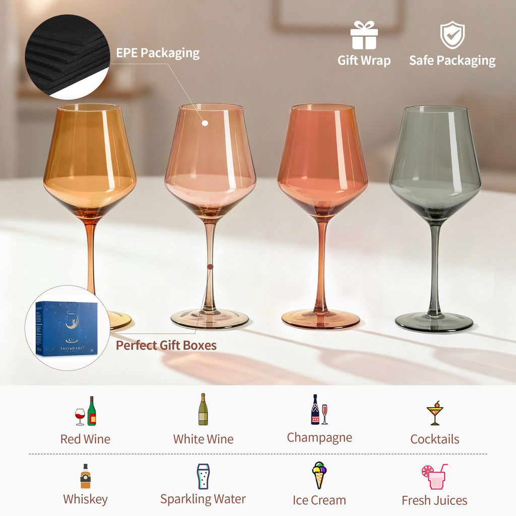 Stemmed Colored Wine Glasses: Set of 6 Cute 13.5oz Hand Blown Crystal Wine Glass with Long Stem for Birthday Party Fall Christmas Dinner Wedding Registry Gifts