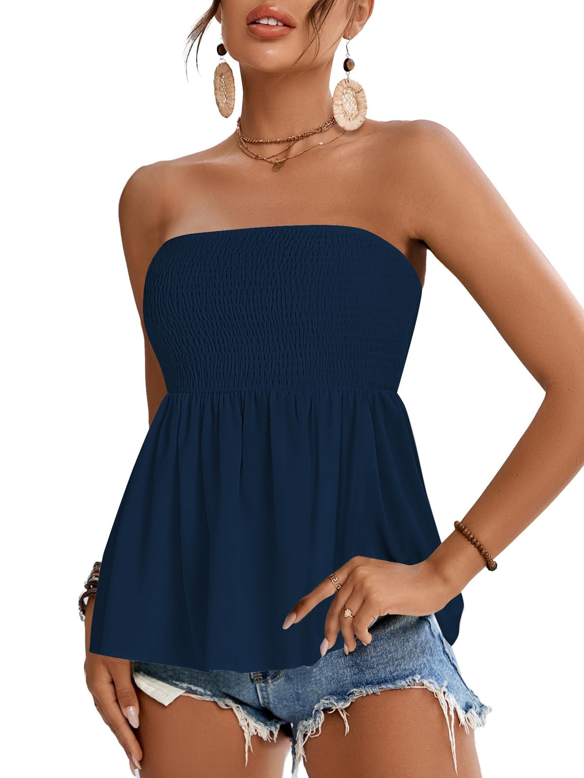 Rooscier Women's Smocked Tube Tops Flowy Ruffle Sleeveless Peplum Bandeau Babydoll Cami Tank