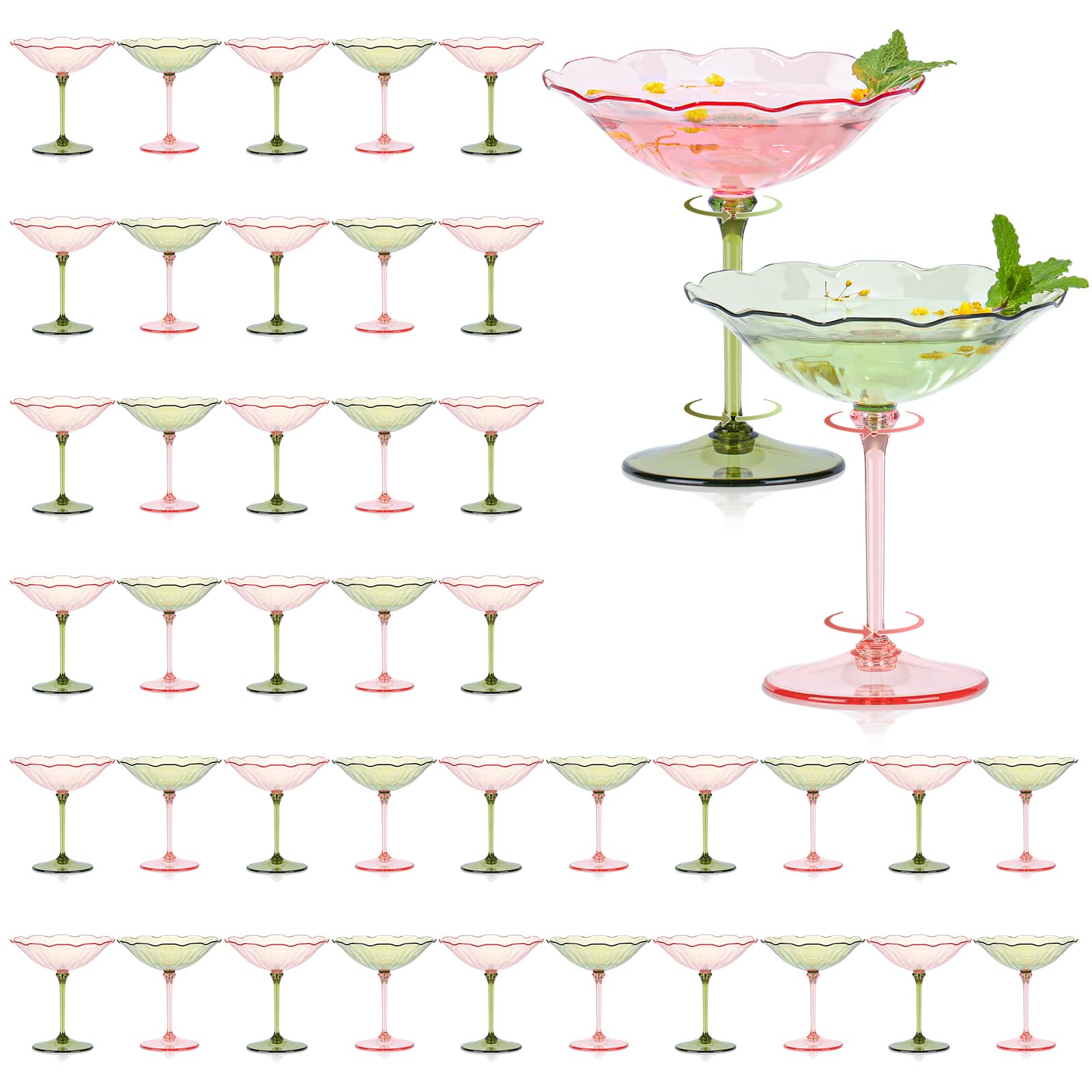12 Pcs Colorful Plastic Martini Glasses 7oz Flower Cocktail Coupe Glasses 6 Color Disposable Martini Cup Vintage Detachable Dessert Parfait Glassware for Wedding Birthday Bachelorette Party