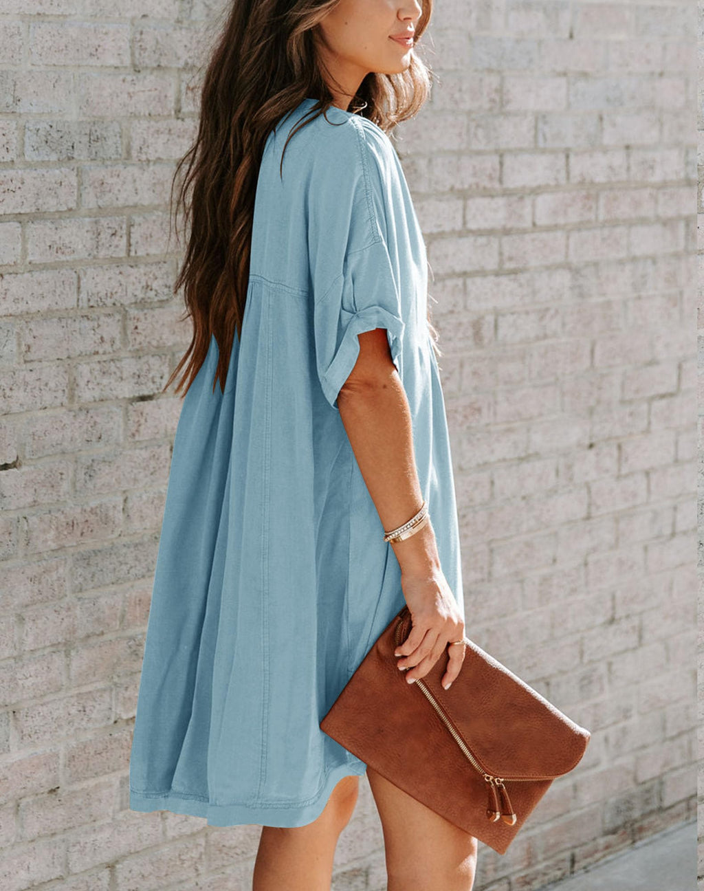 Minclouse Women's Babydoll Short Sleeve Tunic Dress V Neck Cute Casual Loose Dresses