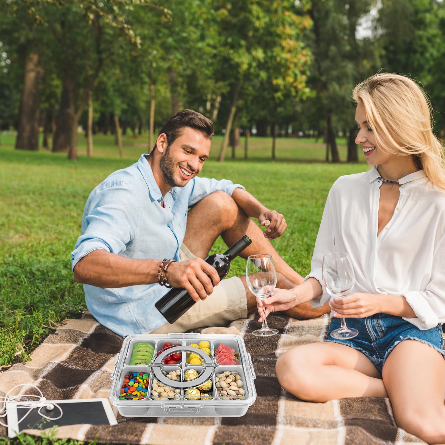 HRXFOZ Divided Serving Tray with Lid and Handle,8 Compartments Snacks Box,Snack Fruit and Veggie Tray,Portable Platter for Candy Fruits Nuts Snack Party Entertaining Picnic (1 PCS)