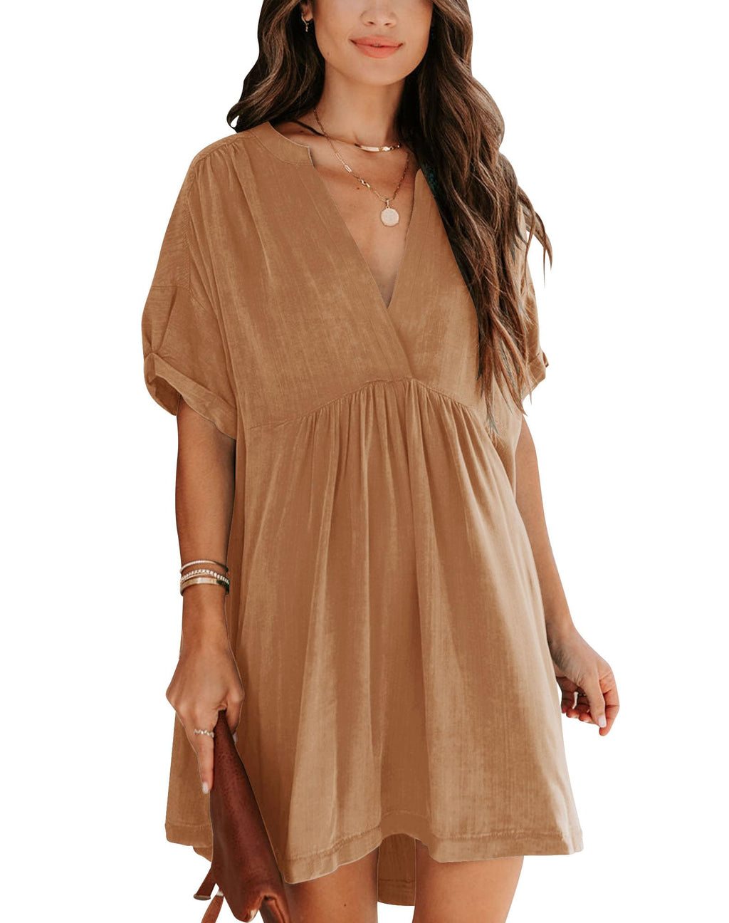 Minclouse Women's Babydoll Short Sleeve Tunic Dress V Neck Cute Casual Loose Dresses