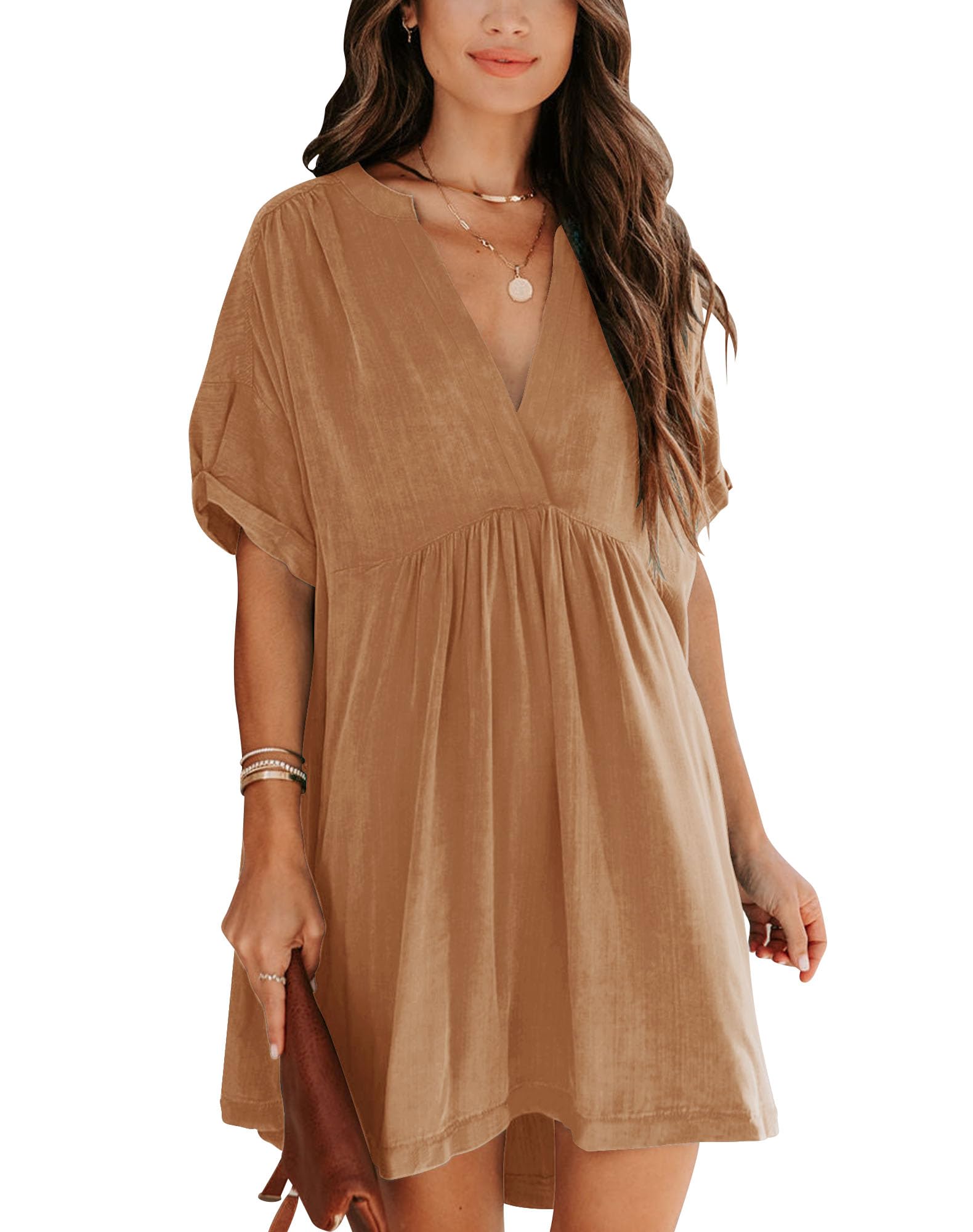Minclouse Women's Babydoll Short Sleeve Tunic Dress V Neck Cute Casual Loose Dresses