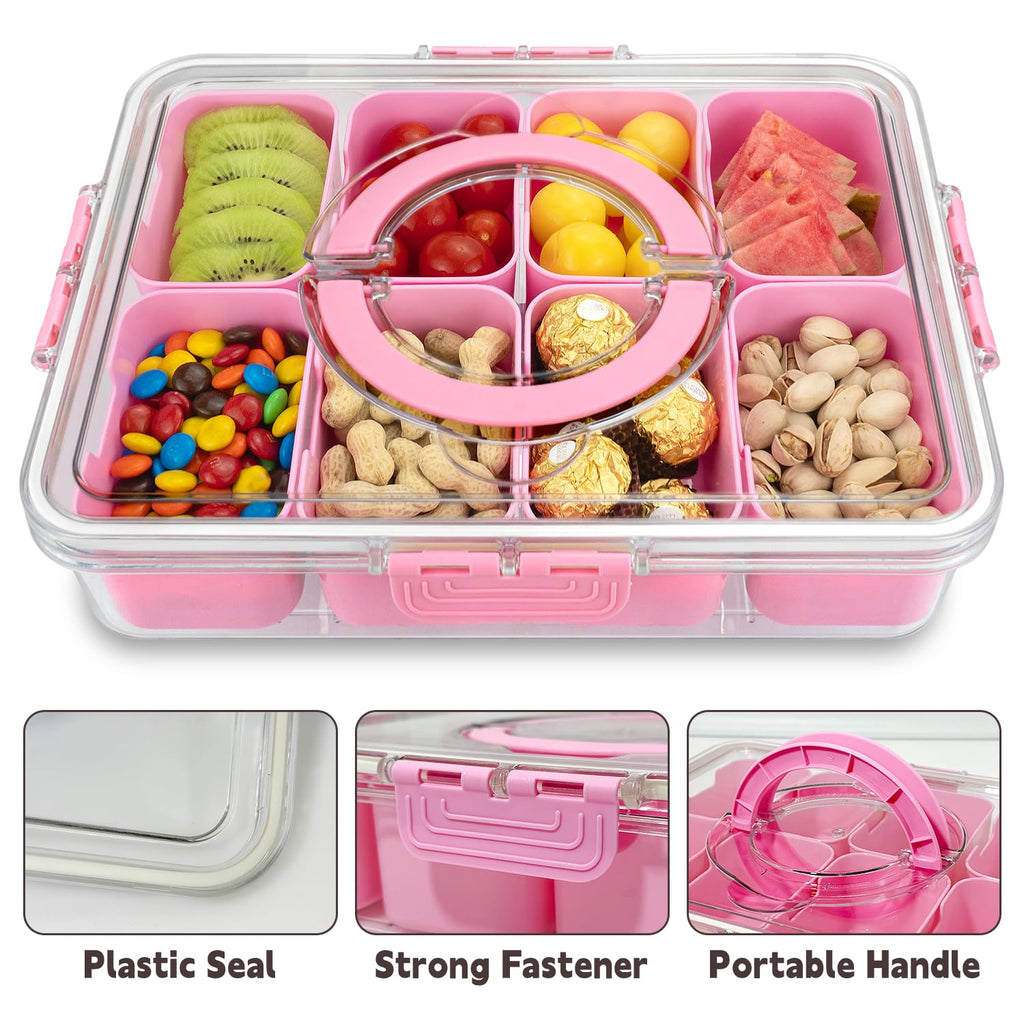 HRXFOZ Divided Serving Tray with Lid and Handle,8 Compartments Snacks Box,Snack Fruit and Veggie Tray,Portable Platter for Candy Fruits Nuts Snack Party Entertaining Picnic (1 PCS)