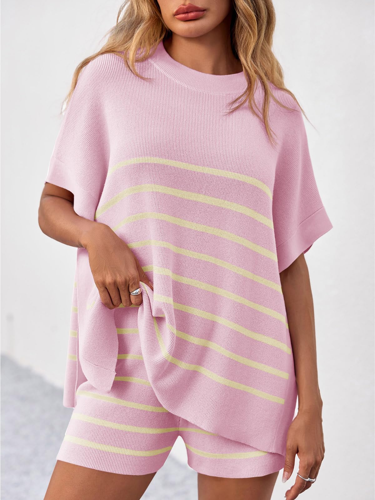 Fisoew Women's Striped 2 Piece Outfits Oversized Batwing Short Sleeve Tops High Waisted Shorts Summer Knit Lounge Short Sets