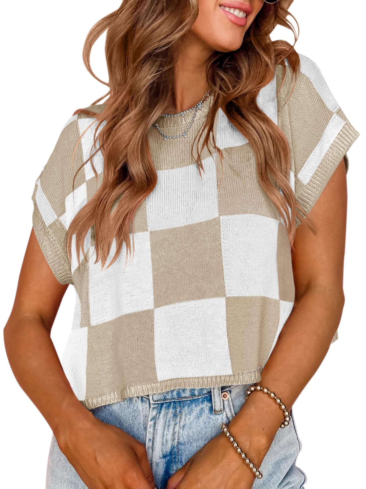 Saodimallsu Womens Cap Sleeve Crop Tops Summer Color Block Going Out Crew Neck Knit Trendy Casual Sweater