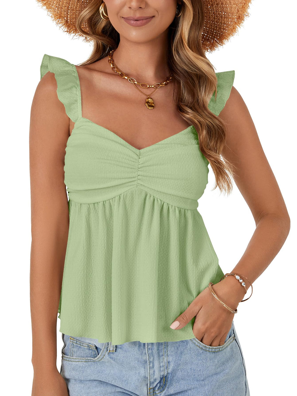 LYANER Women's Babydoll Tank Top Summer Camisole Dressy Casual Ruffle Strap Sleeveless Flowy Hem Peplum Tops