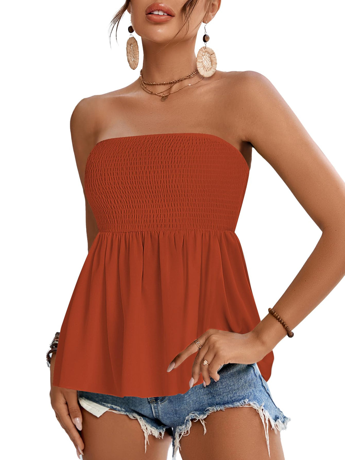 Rooscier Women's Smocked Tube Tops Flowy Ruffle Sleeveless Peplum Bandeau Babydoll Cami Tank