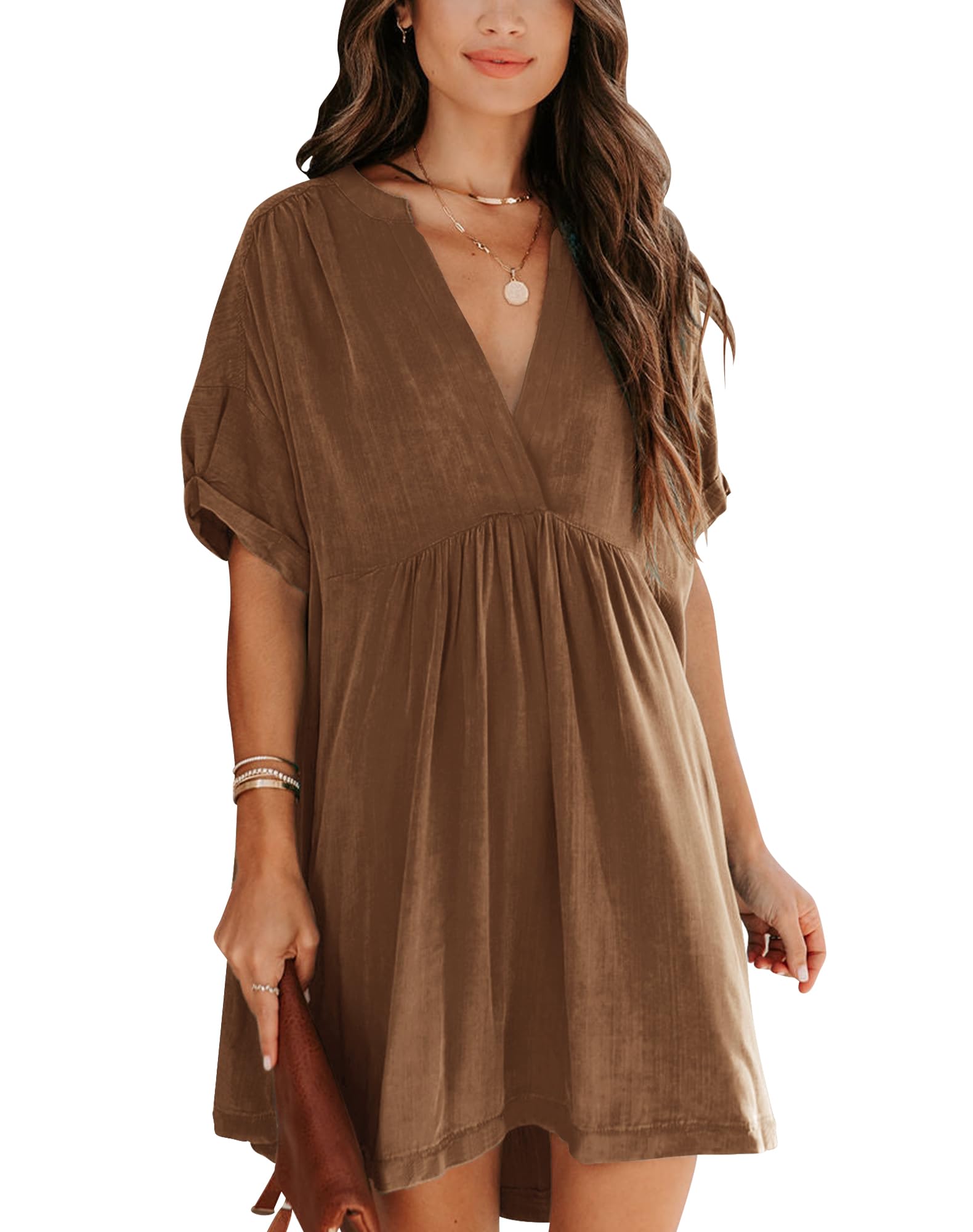 Minclouse Women's Babydoll Short Sleeve Tunic Dress V Neck Cute Casual Loose Dresses