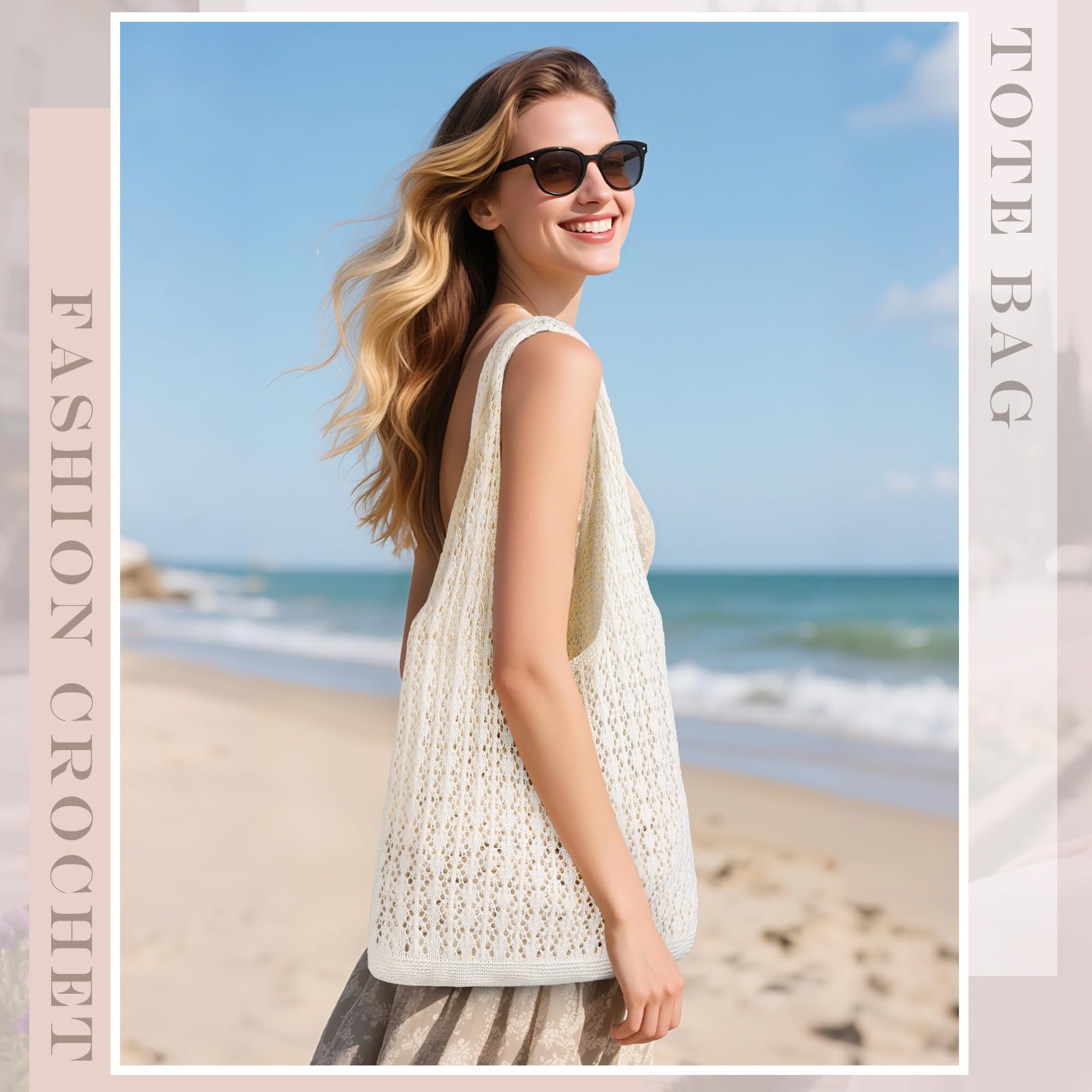 Sightor Crochet Tote Bag, Mesh Beach Bag Knit Summer Hobo Bag Vacation Boho Tote Bag for Women