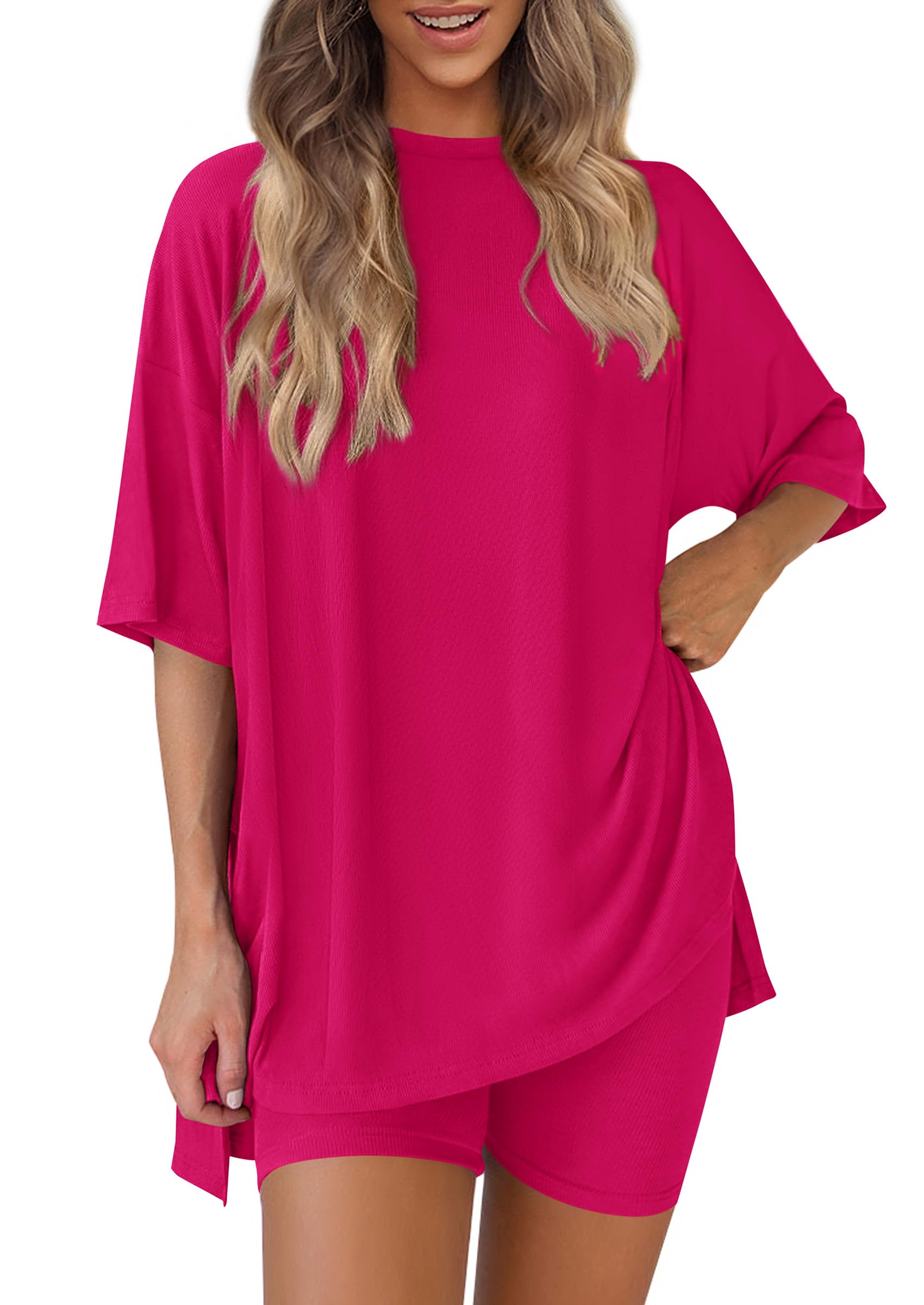 PRETTYGARDEN Women 2 Piece Lounge Set 2026 Summer Casual Oversized Shirts Biker Shorts Matching Airport Travel Outfit Clothes