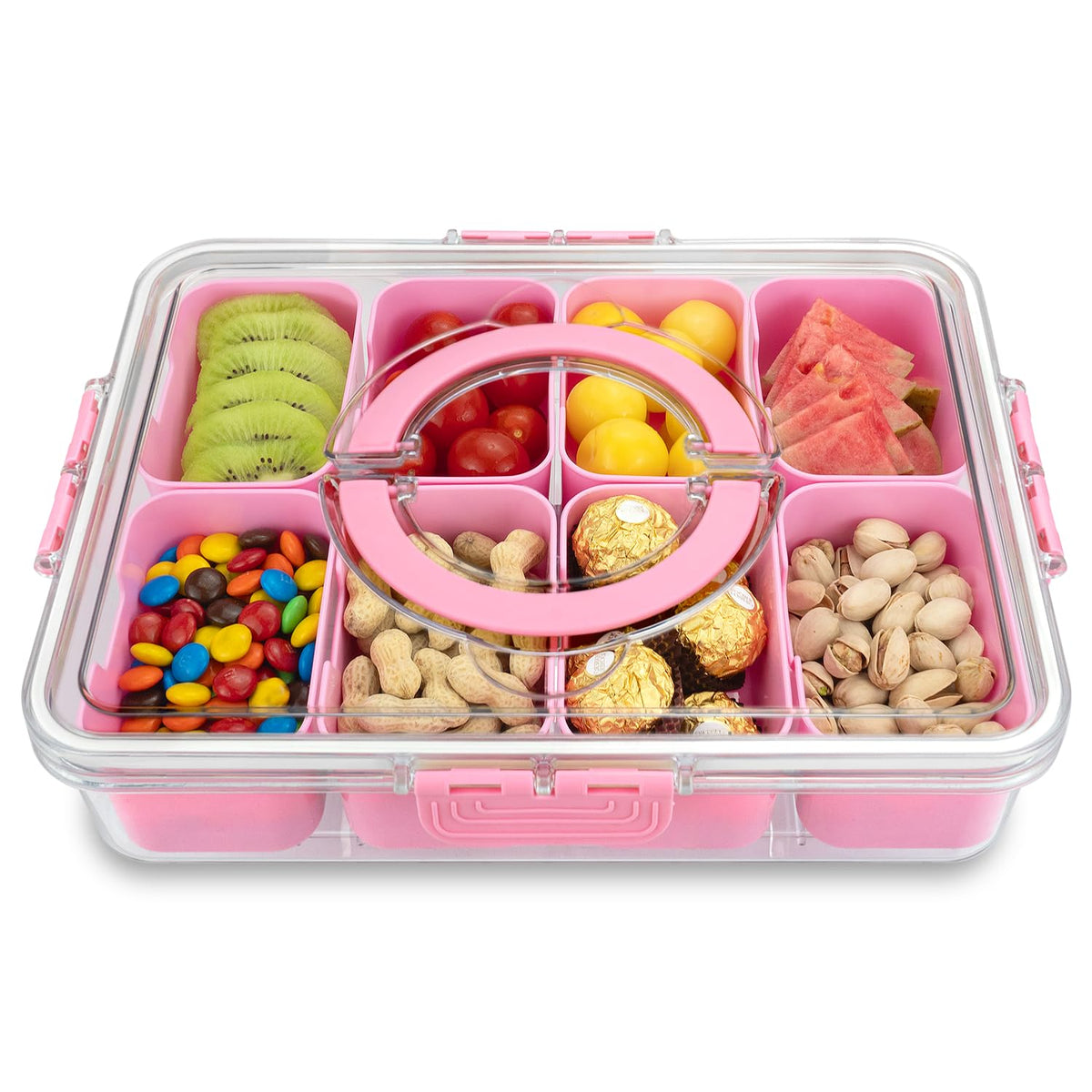 HRXFOZ Divided Serving Tray with Lid and Handle,8 Compartments Snacks Box,Snack Fruit and Veggie Tray,Portable Platter for Candy Fruits Nuts Snack Party Entertaining Picnic (1 PCS)