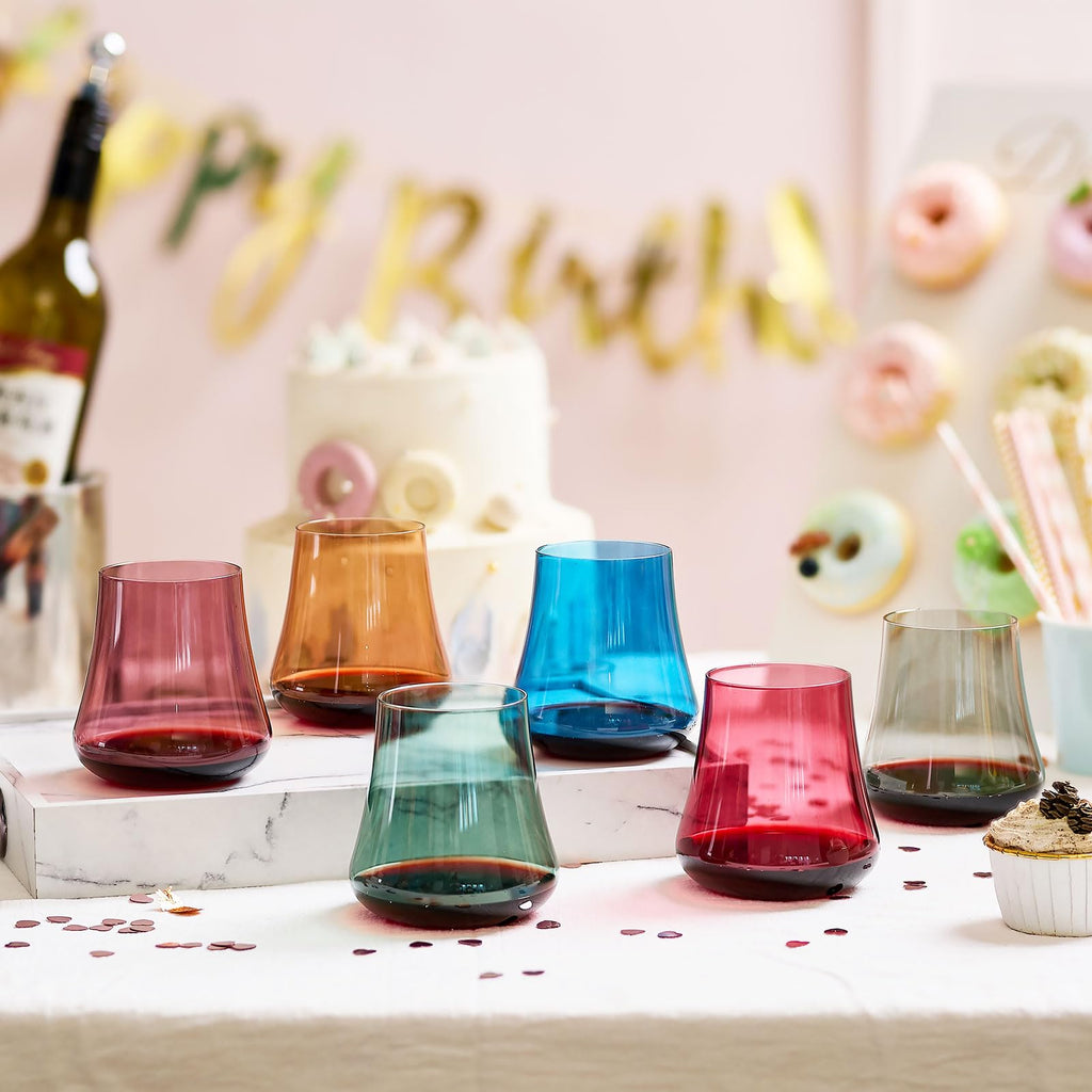 Stemmed Colored Wine Glasses: Set of 6 Cute 13.5oz Hand Blown Crystal Wine Glass with Long Stem for Birthday Party Fall Christmas Dinner Wedding Registry Gifts